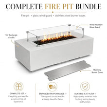Golden Flame 55-Inch Rectangle Propane Fire Pit Table Bundle with Glass Wind Guard & Stainless Steel Burner Cover – Hidden Tank Outdoor Gas Fire Table, GFRC Concrete Fire Pit, 65,000 BTU - White