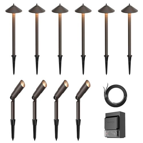 Malibu C Landscape Lighting Kit with 150W Low Voltage Outdoor Transformer & 12V Halogen 6PK 10W Bronze Pathway Lights & 4PK Metal 20W Flooding Lights/Spotlights Warm White & 75Feet #16 Wire for Patio