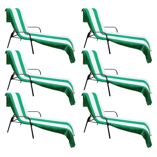 Superior Cabana Cotton Lounge Chair Cover, Outdoor Towel/Chaise Furniture Covers, Terry Cloth, Beach, Spa, Swim Accessories, Pool Chair Cover, Soft, Quick Drying, 32" x 102", Set of 6, Dark Green