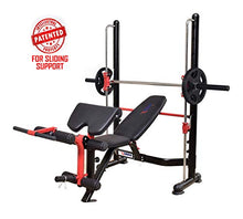 MiM USA Adjustable Olympic Weight Bench Press Set with Leg Extension, Preacher Curl, Squat Rack w/Smith Structure - Black Red