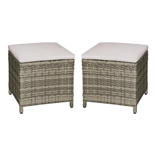 Greemotion Antigua Modern All-Weather Wicker Patio Ottoman (Set of 2), Padded Seat for Outdoor Porch Garden, Brown and Beige