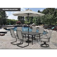 Four Seasons Courtyard Palermo Slat Top Table with Aluminum and Powder Coated Frame and Umbrella Hole for Outdoor Dining Tables, Gray