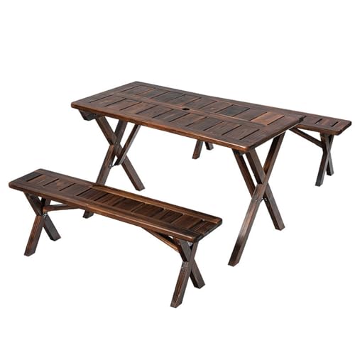 LLZJDDPLY Folding Picnic Table Set with 2 Benches, Carbonized Wood Patio Table with Umbrella Hole, Portable Outdoor Dining Set, Brown