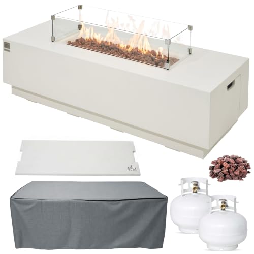 AMS 66" Rectangular Concrete Propane Gas Fire Pit Table Bundle, Cream White