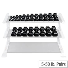 Fitness Factory Rubber Coat Hex Dumbbell Set 5-50 lb with Heavy Duty 2-Tier Storage Rack Black