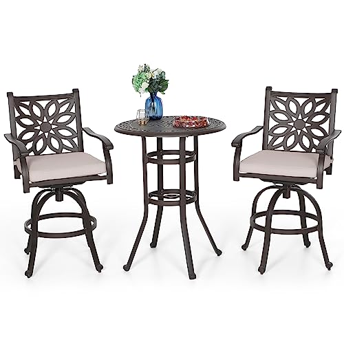 PHI VILLA Patio Furniture Set 3Pcs Cast Aluminum High Top Table & Swivel Bar Stools with Cushion Rero Brown-set