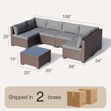 Qsun 7 Pieces Outdoor Patio Furniture Set, PE Rattan Outdoor Wicker Sectional Furniture Sofa Set, with Cushions and Glass Coffee Table, for Balcony, Porch, Garden, Grey