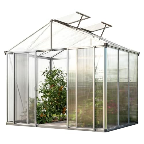 GFP 8.6 x 6.4 ft, 3-Section Walk in Greenhouse, 10mm Polycarbonate Panels 10mm Polycarbonate Panels, Aluminum Frame, 2 Roof Vents with Manual Opener, 2 Skylights, Outdoor, Garden, Backyard Enclosure