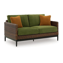 Benzara Izon Outdoor Loveseat, 2 Throw Pillows, Green, Brown Woven, 60 Inch