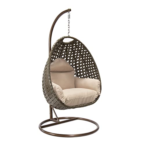 LeisureMod Wicker Rattan Hanging Egg Swing Chair with Stand & Cushion - Beige Swing Chair for Indoor/Outdoor, Patio, Bedroom, Lounge Seat