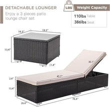 Outdoor PE Wicker Chaise Lounge Chairs Set of 3 Patio Rattan Reclining Chair Adjustable Backrest Sunbathing Recliners With table, Wicker Poolside Lounge Chair Sunbathing Camping Beach Pool Chairs