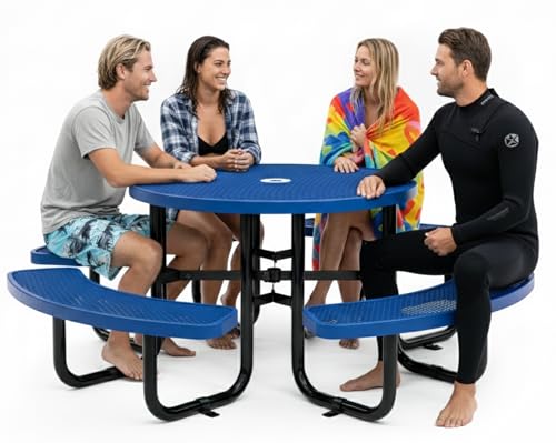 OUTTANS Commercial Metal Picnic Table (Blue, 46in, Round, Expanded Steel)