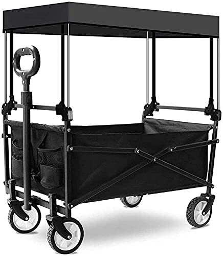 Push and Pu Folding Wagon with Canopy A-Field Coapsible Beach Wagon Outdoor Garden Cart Portable Hand Cart for Grocery ping Picnic Yard (Color : Black)