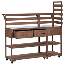 Roomfitters Garden Potting Bench with Wheels, Extra Wide Outdoor Potting Table and BBQ Prep Station, Storage Shelves, Brown