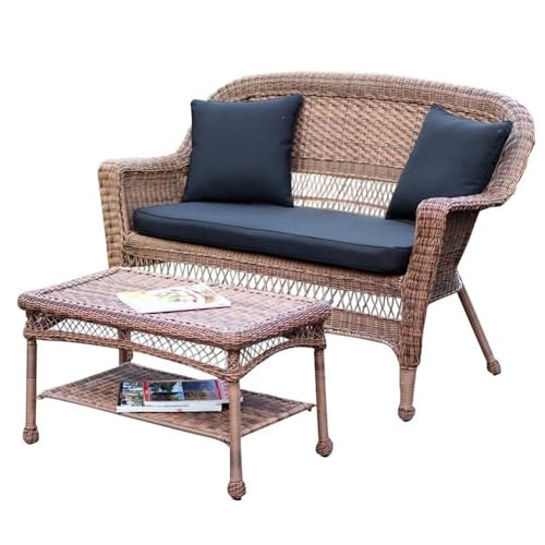Jeco Wicker Patio Love Seat and Coffee Table Set with Black Cushion Honey