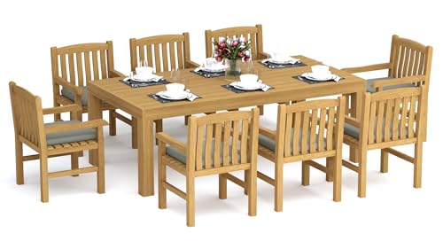 WholesaleTeak 8 Seats 9 Pcs Grade-A Teak Wood Dining Set: 86" Canberra Rectangle Table and 8 Devon Arm Chairs #11DV1908