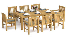 WholesaleTeak 8 Seats 9 Pcs Grade-A Teak Wood Dining Set: 86" Canberra Rectangle Table and 8 Devon Arm Chairs #11DV1908