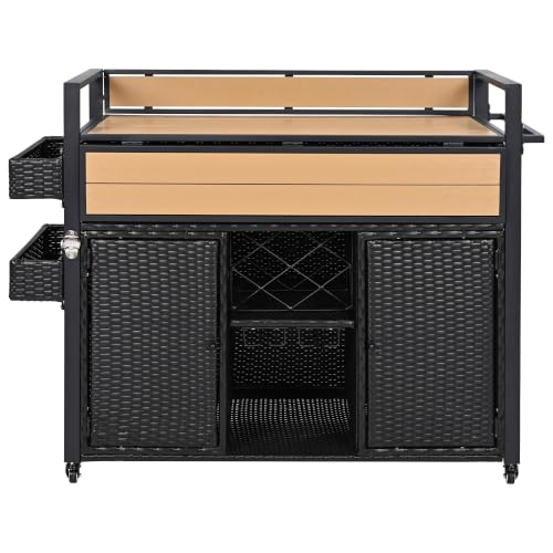 52.8" Wicker Grill Cart with Storage, Rolling Kitchen Island, Outdoor