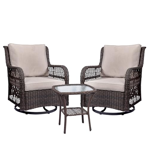 TrailBlaze 3-Piece Outdoor Patio Bistro Set – Wicker Swivel Rocking Chairs, Cushions, Tempered Glass Side Table – 360° Rattan Glider Conversation Furniture for Backyard, Balcony – Color: Apricot