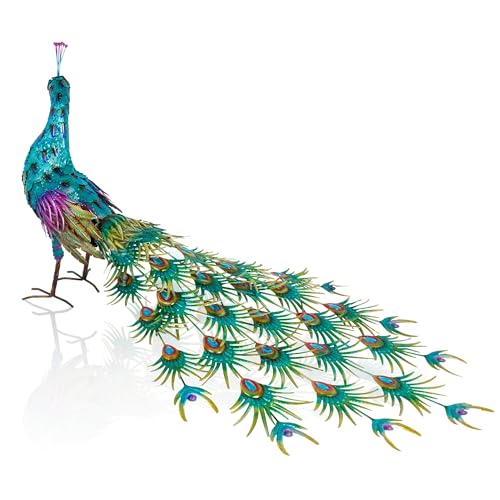 Alpine Corporation HEH378 Metal Jumbo Sized Majestic Peacock Decor, Elegant Garden & Patio Bird Statue, 33" H, Blue
