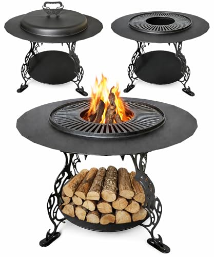 eldimer no.05 - Wood Burning Carbon Steel Fire Pit with Table - 23.6" Bowl and 35.6" Table - Industrial Outdoor Fire Bowl for Backyard and Patio