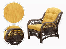 Malibu Lounge Set of 4: 2 Natural Rattan Wicker Chairs, Loveseat with Light Brown Cushions and Coffee Table w/Glass Handmade, Dark Brown