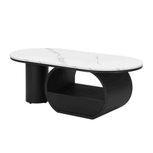 Luxury Modern Oval Coffee Table with Storage Drawer & Shelf, 47.24'' Faux Marble Top Center Table for Living Room, Black Metal Frame Sofa Table with Adjustable Feet, Easy Assembly