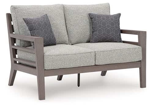 Signature Design by Ashley Hillside Barn Weather Resistant Outdoor Loveseat with Cushion and Pillows Light Brown & Light Gray