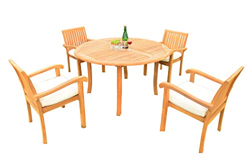 OnlineTeakFurniture 5 PC A Grade Outdoor Patio Teak Dining Set - 48" Round Table & 4 Stacking Arm Chairs Brown