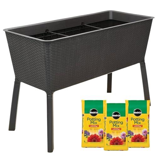Polymer Outdoor Products Raised Garden Bed, 19.5" L x 44.5" W x 29.75" H Bundled with 3 Pack Miracle-Gro Potting Mix for Plants, Flowers, and Vegetables