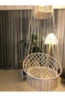 Handmade Macrame Swing Hammock Chair for Christmas Decor, Cotton Rope, 330.8 lb Capacity, Scandinavian Style, Includes Ceiling Mounts - Ecru