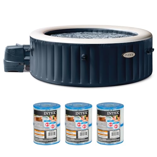 Intex PureSpa Plus Portable Bubble Jet Spa Inflatable Hot Tub with 2 Headrests, Insulated Cover, and Spa Filter Replacement Cartridges (6 Pack)