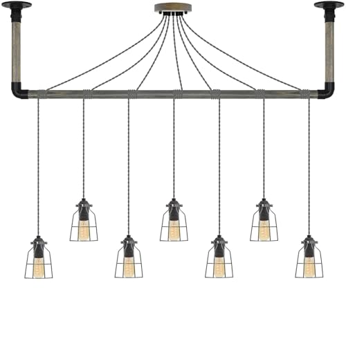 Grey and Black Steel Cage Pendant Light Pipe Wrap with Grey Wood and Black Hanging Bracket - Hangout Lighting - 7 Pendants