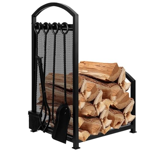 WXPWAMZ Firewood Rack, Log Rack, Wood Storage, Firewood Storage Holder with 4 Fireplace Tools, Heavy Duty Log Rack