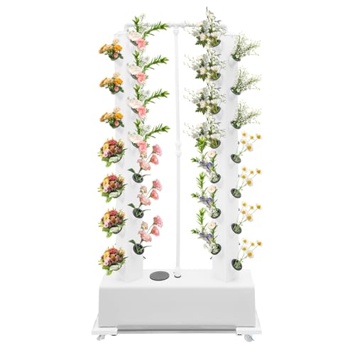 Hydroponics Vertical Growing Kit 56 Holes, Hydroponic Growing Kit with Wheels for Indoor Outdoor, Vertical Planter Germination Kit White, Soilless Plant Growing System for Herbs Vegetables Flowers