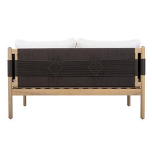 Outdoor Acacia Wood Loveseat with Handwoven Diamond Rope Weave and Cushions, Light Teak Finish Patio Sofa with Black Rope Panels and Cream Fabric for Garden, Balcony, Terrace and Outdoor Lounge