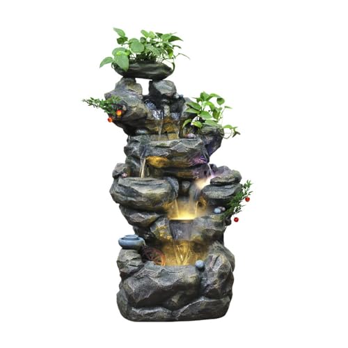 Rustic Rock Water Fountain with LED Lights and Planter Accents – Indoor/Outdoor Cascading Waterfall Feature for Home or Garden Decor(2135)