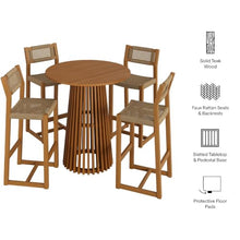 Modway Reed Teak Wood Patio 5-Piece Outdoor Bar Set in Natural - Round 35 Inch Bar-Height Bistro Table and 4 Bar Stools with Faux Rattan Seat and Back