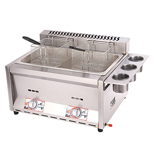 Professional Commercial Gas Fryer, Stainless Steel Lpg Fryer, Freestanding Temperature Control, Adjustable Firepower, With Baskets And Lid, Easy To Clean,B8L+8L