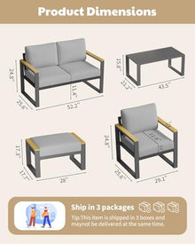 IDEALHOUSE Aluminum Outdoor Patio Furniture - 1 Pcs Loveseat and Coffee Table, All-Weather Metal Modern Outside Furniture with Washable Thick Cushion for for Balcony, Garden, Deck, Backyard,Gray