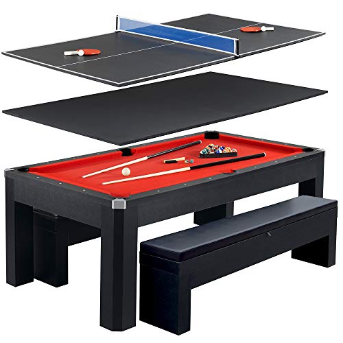 Hathaway Park Avenue 7-ft Pool Table Tennis Combination with Dining Top, Two Storage Benches - Black and Red Felt
