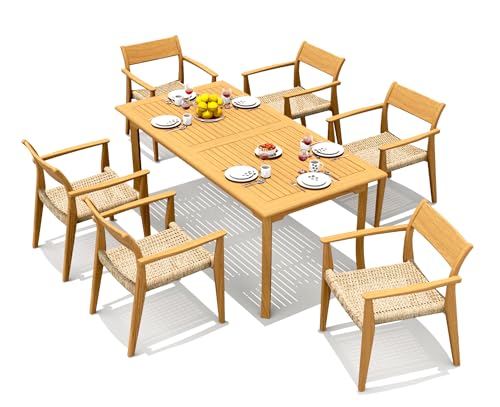 WholesaleTeak 6 Seats 7 Pcs Grade-A Teak Wood Dining Set: 71" Rectangle Table and 6 Amilo Stacking Arm Chairs #11AM1606