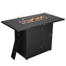 LeisureMod 68" Wide Rectangular Outdoor Fire Pit Bar Table in Powder-Coated Aluminum with Lid Glass Guard and Tank Holder Slats Design for Patio, Garden, Deck, and Backyard Use Chelsea Collection