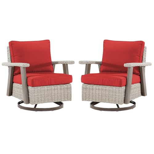 Yokayoay Wicker Patio Chairs Set of 2 Outdoor Swivel Rocking Chairs Grey/Red