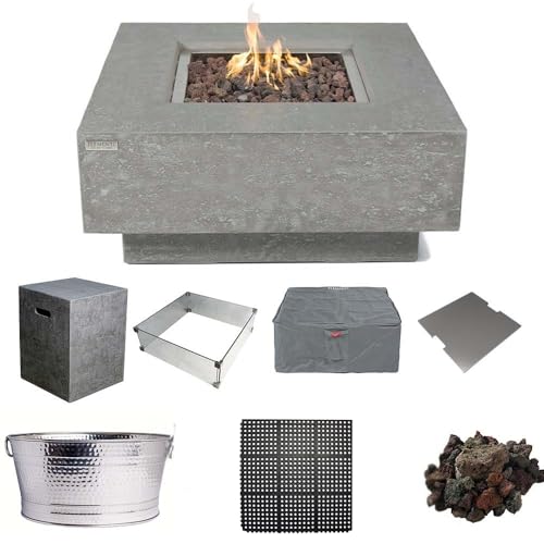 Elementi Manhattan Bundle Outdoor Firepit 36” Propane Firepit Table, Glass Windscreen, Stainless Steel, Tank/Canvas Cover, Floor Mat, Beverage Tub