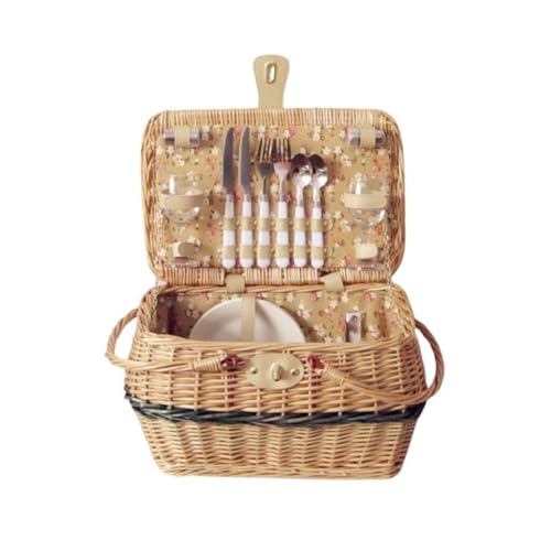 Folding Picnic Basket Set for 2, Handmade with & Linen Lining, Includes Utensils, Plates, and Glassware, High Capacity for Outdoor Picnic