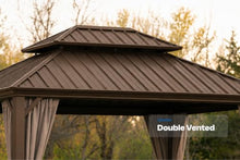10x12 FT Hardtop Gazebo, Double Roof Galvanized Steel Outdoor Patio Pavilion, Heavy Duty Metal Frame Pergola with Breathable Mosquito Netting & Privacy Curtains for Backyard, Deck, Lawn, Brown