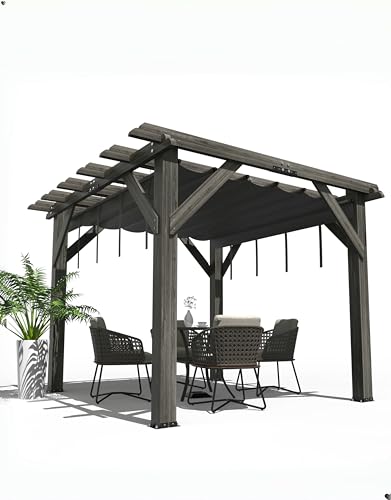 GAOMON 10x10 FT Wood Pergola with Retractable Shade Canopy Charcoal Gray