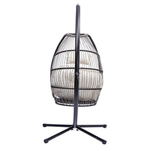 Hanging Rope Swing Seat Patio Wicker Folding Hanging Chair with Cushion and Pillow Rattan Swing Hammock Egg Chair with X Type Base and C Type Bracket for Indoor/Outdoor(Black+Beige)