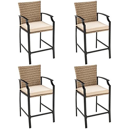 Tangkula Patio Rattan Bar Stools Set of 4, Outdoor Wicker Bar Height Chairs W/Soft Cushions, High Backrest & Curved Armrest, Convenient Footrest, Ideal for Garden, Poolside, Balcony